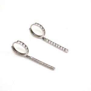 14K White Gold Clear CZ Bar Hoop Dangle Earrings